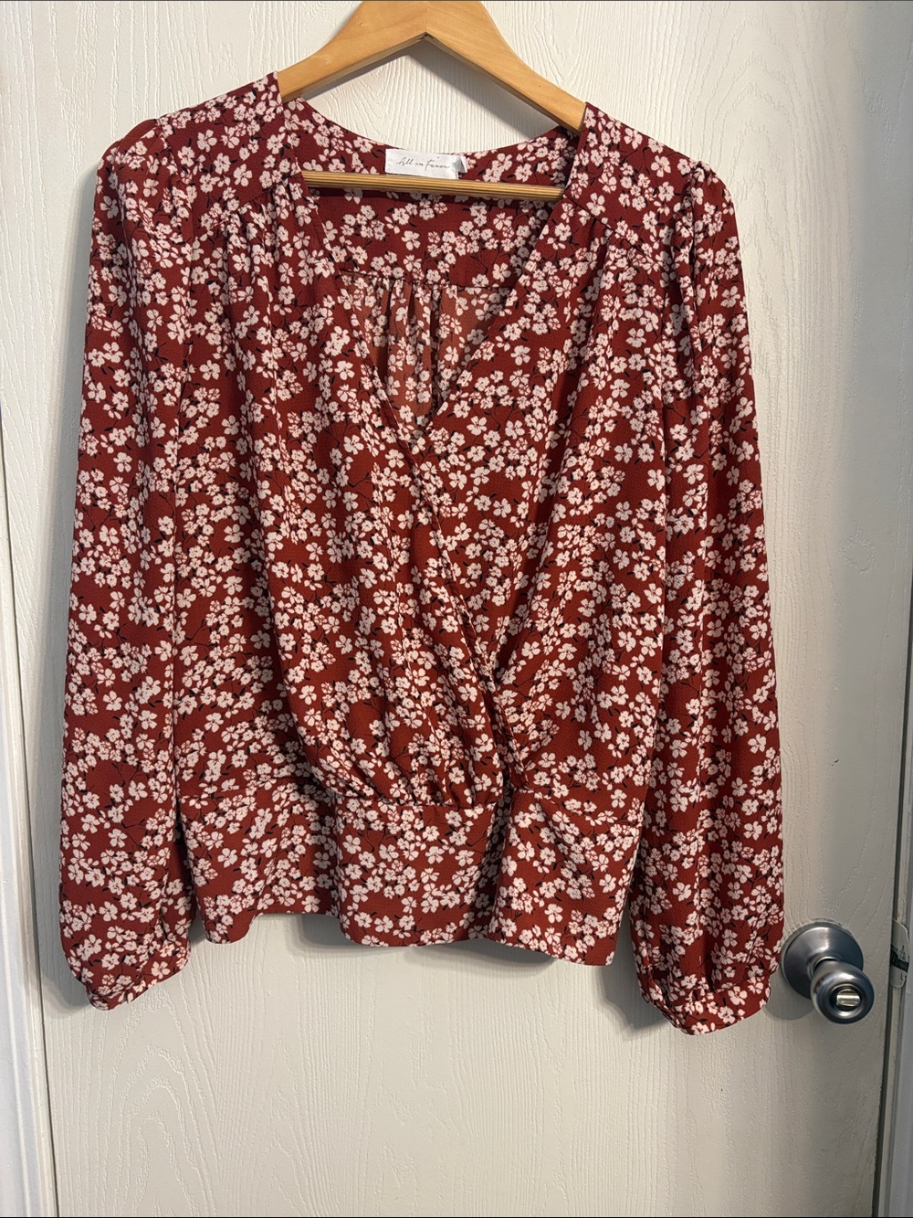 All in Favor Rust Floral Wrap-Front Blouse